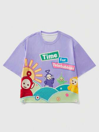 Teletubbies X ROMWE T-shirt ample à manches courtes avec graphique de dessin animé et lettres, décontracté et mignon. Convient pour les déplacements quotidiens en été.