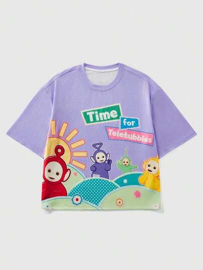 Teletubbies X ROMWE Men's Casual Cute Cartoon & Letter Graphic Loose Short Sleeve T-Shirt, Suitable For Daily Commute In Summer
