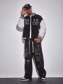 ROMWE MEN Street Life Men's Drawstring Waist Pocket Distressed Rhinestone Embellished Wide Leg Loose Jeans - Black - View 9