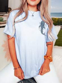 Calvaya Áo thun cổ tròn tay ngắn cỡ lớn, thời trang cho mùa hè - Màu xanh bụi bặm - Xem 2