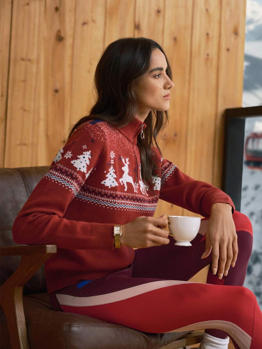 Activina Christmas Pattern Stand Collar Women's Ski Sweater Christmas Sweater Red Sweater - Red and White - View 1