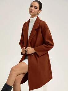 Revavyn Áo khoác dài đến đầu gối bằng len Merino tối giản mới thu/đông, kiểu dáng thanh lịch sang trọng, cổ áo khoét màu trơn, áo khoác ngoài đa năng thời trang thường ngày dành cho nữ, thích hợp để đi làm hàng ngày, mua sắm, đi làm, hẹn hò và các dịp khác - màu nâu - Xem 6