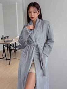 DAZY 女士纯色披肩领长袖口袋宽松休闲睡袍，秋冬款 - 灰色 - 查看 4