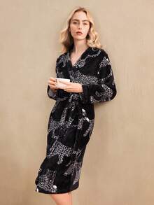 EverLounge 女士豹纹交叉裹身系带睡袍，时尚家居服，蓬松舒适，冬季必备 - 黑色 - 查看 6