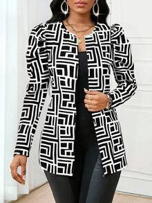 SHEIN Lady 女士格子印花修身优雅长袖常规外套，秋冬款 - 黑與白 - 查看 4