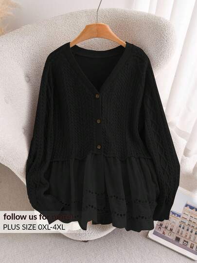 CosyJoli Lässiger Cardigan in Übergröße mit offener Vorderseite, Zopfmuster, Patchwork und Spitzenbesatz/Winterpullover