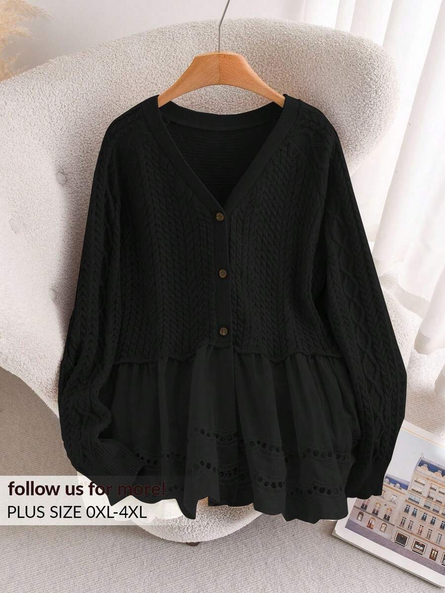CosyJoli Áo len cardigan dệt kim đan chéo ren hở phía trước cỡ lớn thường ngày - màu đen - Xem 1