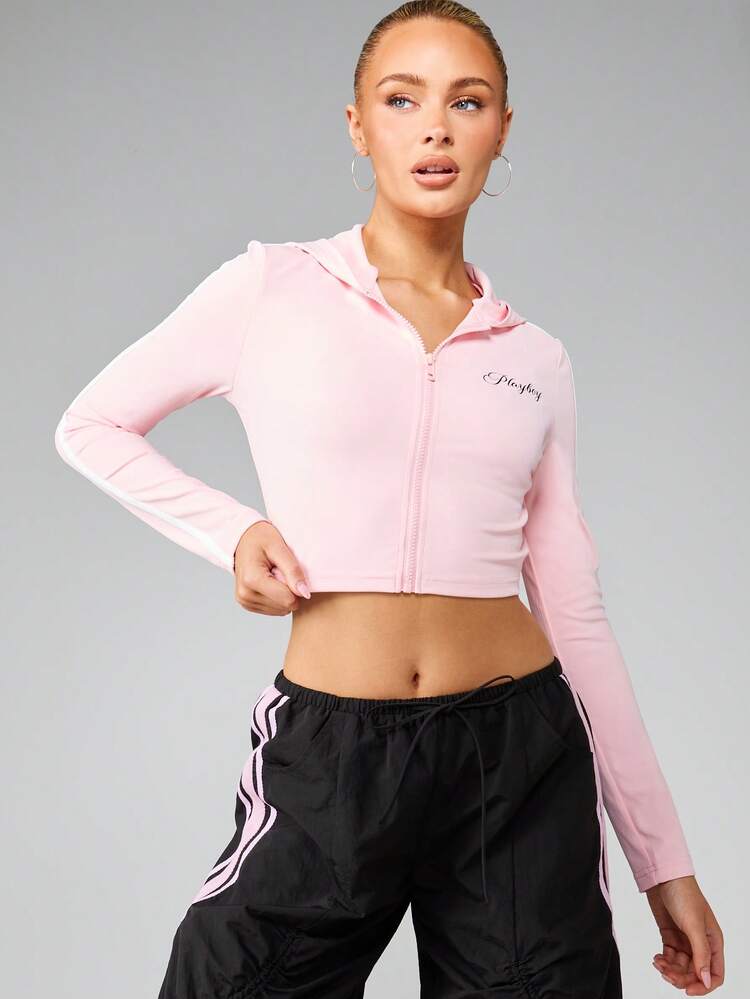 Missguided x Playboy Hooded Crop Zip Up Jacket With Side Stripes Casual Activewear Outerwear For Training Fitness Gym