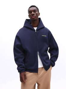 SUMWON 男士宽松版型拉链连帽衫，带抽绳帽和贴边口袋，休闲街头风 - 藍色 - 查看 6