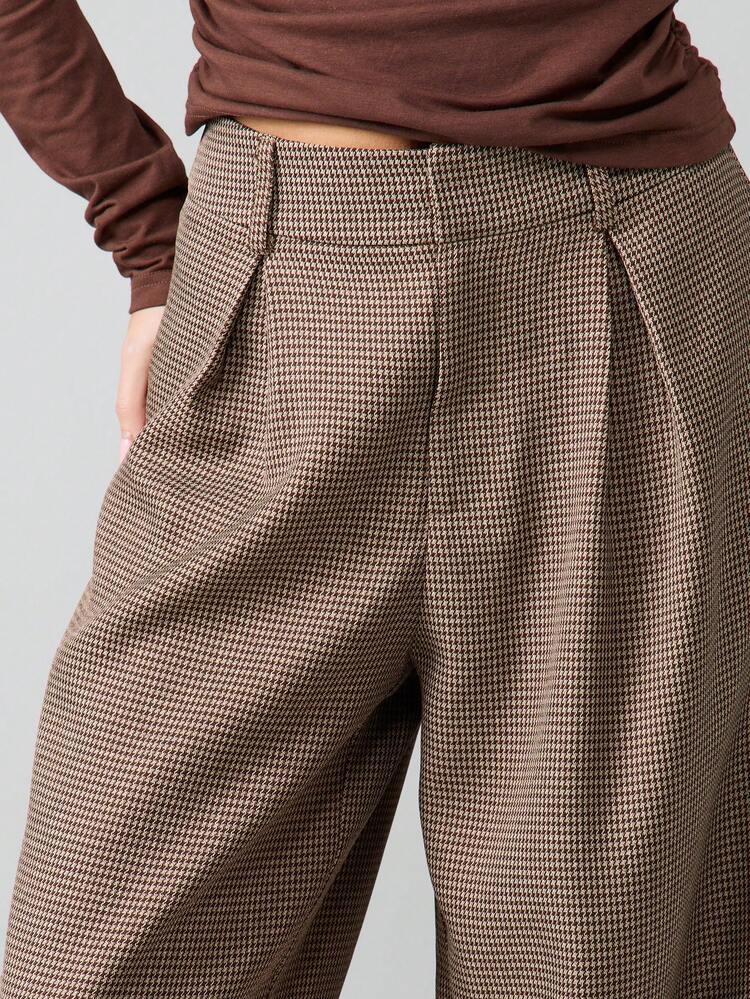 MISSGUIDED Wide Leg Palazzo Pants For Women High Waist Houndstooth Check Pattern Office Professional Trousers Fall Winter Workwear