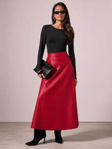 COSMINA 女士优雅纯色长款PU皮裙，秋冬款 - 紅色 - 查看 2