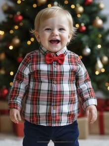 Cozy Pixies Baby Boy Red Plaid New Year & Christmas Style Collared Long Sleeve Button-Up Shirt, Versatile & Comfortable - Red - View 1