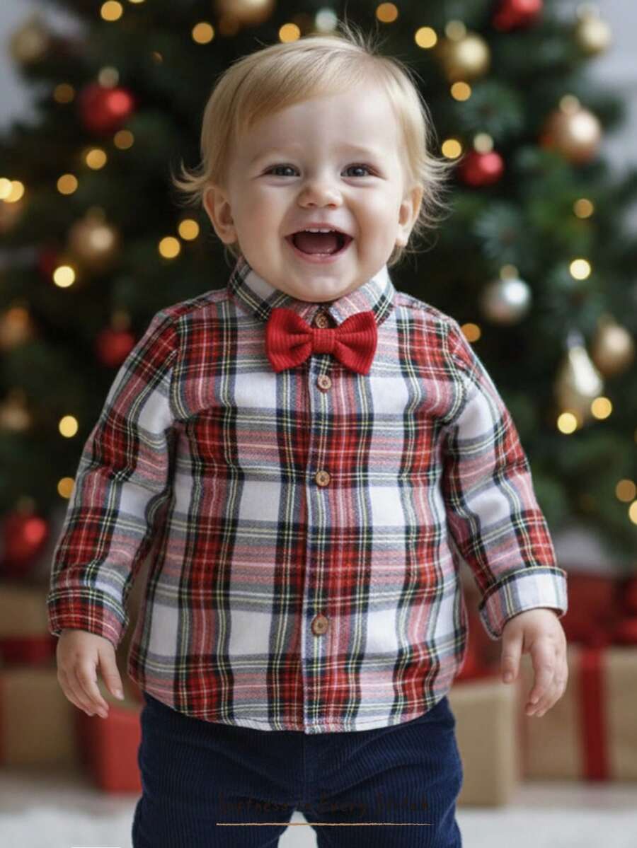 Cozy Pixies Baby Boy Red Plaid New Year & Christmas Style Collared Long Sleeve Button-Up Shirt, Versatile & Comfortable - Red - View 1