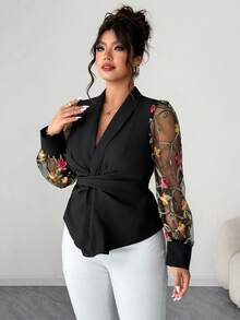 Elenzga 情人节加大码女式V领纯色拼接长袖网纱刺绣交叉系带腰部优雅上衣，情人节 - 黑色 - 查看 4