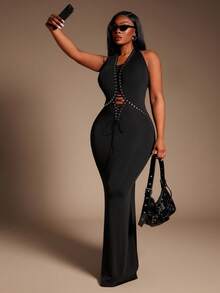 Radiana Plus Size Women's Sexy Deep V Eyelet Lace-Up Bodycon Fishtail Dress, Suitable For Street Style, Going Out, Party, Rave Sexy Curve Dress Slay Diva Dress Hollow Out Black Dress,Suitable For Hip-Hop,Leisure,Street Style,Western Wear,Music Festival,Vintage,Minimalism,Concert,Carnival Party,Resort,Outing,Vacation,Holiday,Date Night,Gathering,Birthday,Bachelorette Party Outfit,Gyaru,Break,Rave,Modest,Chic,Club,Cute,Casul,Shopping, Streetwear,Going Out,Y2K,Y3K,Coquette - Black - View 5