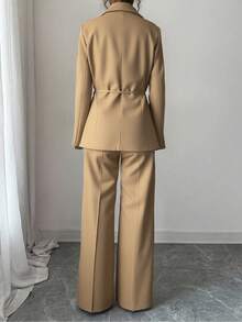 EURMUSE Ensemble de veste blazer avec détails de nœud devant et pantalon large pour femmes - Beige - Voir 3
