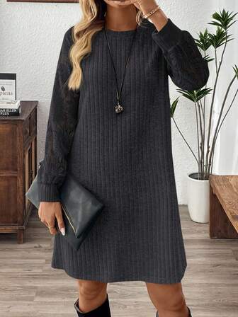 Rosumi Plus Size Solid Color Round Neck Long Sleeve Loose Casual Ribbed Dress