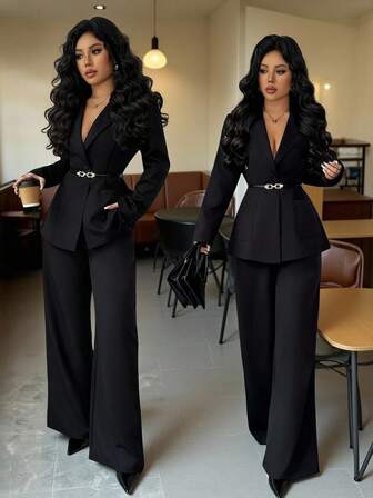 Rafferiza Women's Lapel NeckLong Sleeve Jacket And Pants Elegant Commuter Suit Set Blazer Set Women Pant Suit Set 2 Piece Sets Woman Classy Elegant 2 Piece Set Women S Suit Set