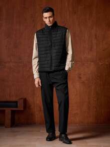 Officeau 1pc Men's Sleeveless Jacket, Stand Collar, Warm & Fashionable Versatile Outerwear, Autumn/Winter, Old Money - Black - View 8