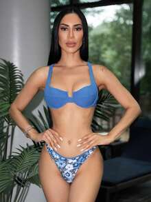 Carolina Barros 全新泡泡带软杯内衬吊带后系带可拆卸衬垫比基尼泳装，适合女士，夏季海滩时尚 - 藍色 - 查看 1