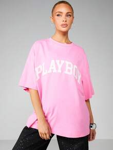 Missguided x Playboy Áo thun họa tiết cỡ lớn cổ tròn tay ngắn mặc thường ngày - Hồng - Xem 6