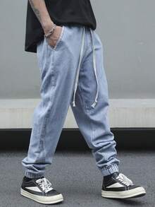 Manfinity Hypemode Lässige amerikanische Stil Jeans mit elastischem Bund und verjüngtem Bein, Herren Loose Fit Jogginghose mit Kordelzug - Blau - Übersicht 3