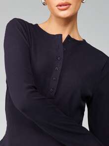MISSGUIDED Ribbed Button Front Long Sleeve Top For Casual Everyday Comfort - Navy Blue - View 6