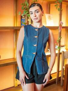 Andrea Bello Women's Casual Sleeveless Front Button Denim Top, Summer - Dark Wash - View 6