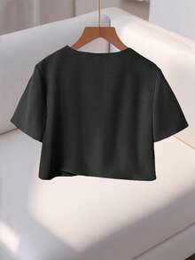 Franclia 时尚高端女士圆领短袖纽扣衬衫 - 黑色 - 查看 2