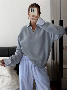 DAZY Áo len chui đầu cổ chữ V 2 trong 1 dành cho nữ, phong cách retro thường ngày rộng rãi, màu xám, mùa thu/đông, thích hợp cho lễ Halloween - Màu xanh lam - Xem 3