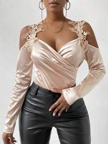 VaVaBold Women's Guipure Lace Patchwork Ruched Open-Shoulder Bodysuit Fall Cloth For Women - Apricot - View 7