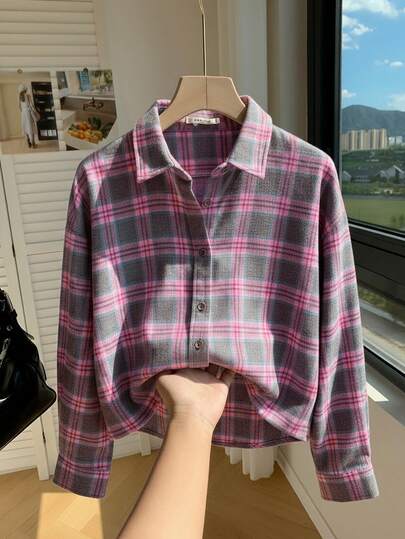 SHEIN Girls' Casual Fashionable Outdoor Versatile Plaid Long Sleeve Shirt