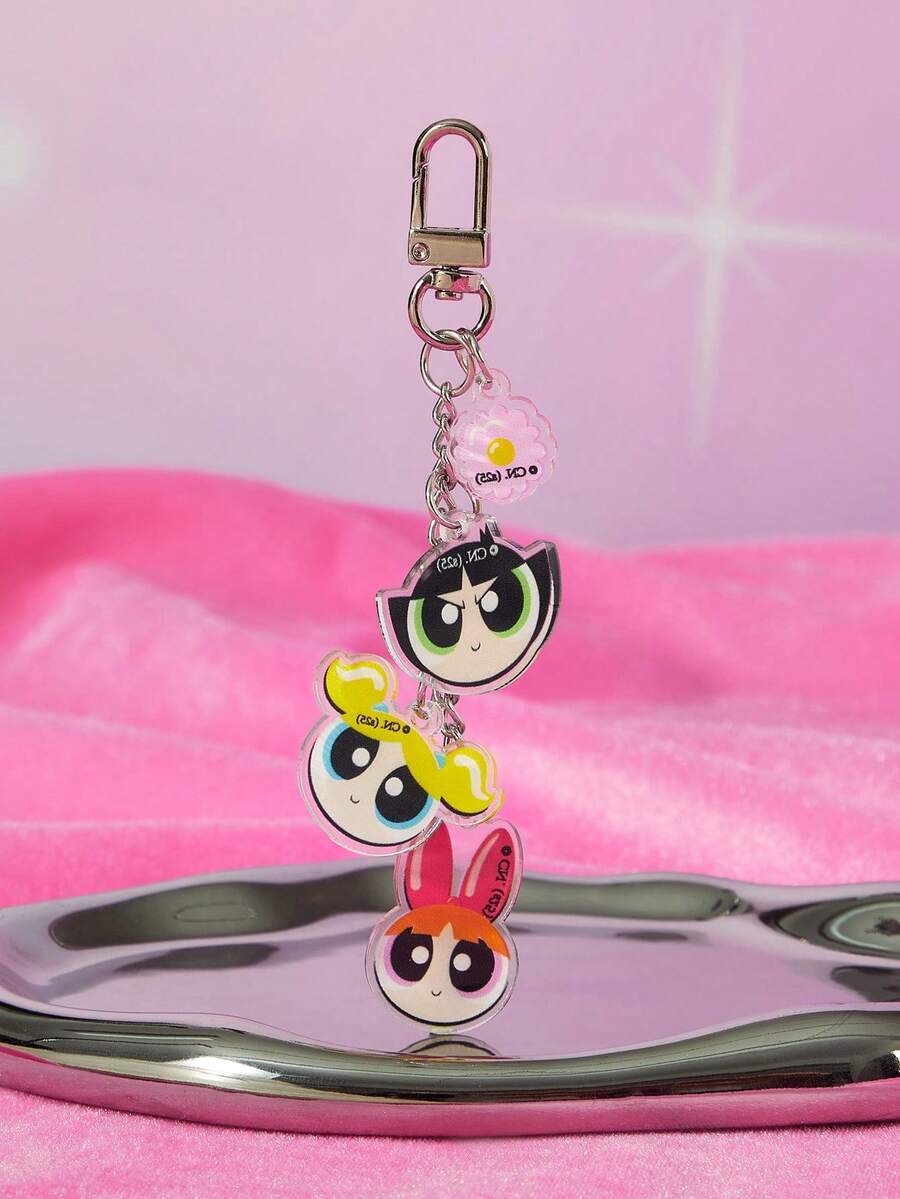 THE POWERPUFF GIRLS X SHEIN 花朵、泡泡、毛茛图案钥匙扣吊坠,包包配饰,可爱钥匙扣套装,送给孩子和女士的绝佳礼物 - 銀色 - 查看 1