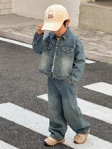 SHEIN 两件套男童蓝色牛仔翻领长袖短外套和宽松长裤套装