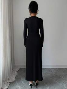 SHEIN Elenzya 女士法式拼接长袖串珠收腰优雅黑色连衣裙，秋冬款 - 黑色 - 查看 2