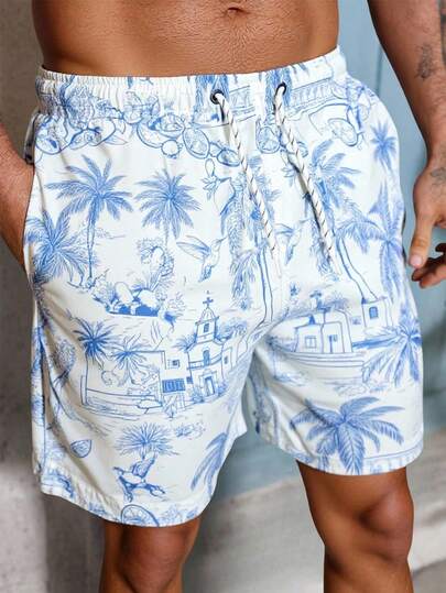 Manfinity Swimmode Men's Summer Vacation Coconut Tree Print Drawstring Beach Shorts, Summer,Outdoor Sports Trunks Swim Wear Men Vacation Men Beach Shorts Vacation Wear Tropical Vacation Men Vacation Men Shorts Vacation Shorts For Men, Hawaiian BeachModeOn Tropical Vacation Men Clothes