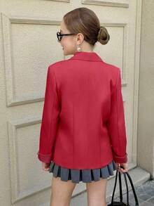 SHEIN 青少年女孩时尚百搭纯色夹克 - 酒紅色 - 查看 2