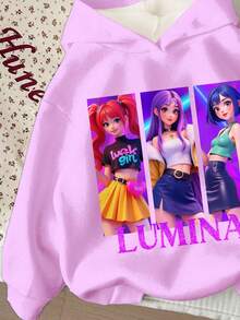 SHEIN 淡紫色，韩流卡通女孩肖像印花，少女休闲舒适加厚柔软长袖卫衣，适合秋冬季日常穿着、外出、街头风、校园穿搭。 - 彩色 - 查看 6