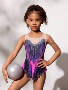 Bộ đồ liền thân in họa tiết không tay cho bé gái, thoải mái và thân thiện với làn da, thiết kế ôm sát để tránh lộ hàng, đồ thể dục nhịp điệu, đồ thi đấu khiêu vũ ở trường, phù hợp với mọi mùa - Màu tím  Violet - Xem 1