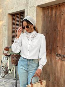 Pariaura Women's Contrast Lace Puff Sleeve Single-Breasted Elegant Blouse Western Blouse Cotton Blouse White Western Top White Blouse Elegant Eyelet Blouse - White - View 4