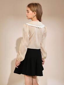 Tween Girl Polka Dot Long-Sleeve Blouse – Sweet Peter Pan Collar With Ruffled Trim, Button-Front Design, Flowy Puff Sleeves, Soft Lightweight Fabric, Adorable Beige & Pink Pattern, Perfect For School, Parties, Casual Outings – Feminine Shirt Spring Autumn Wardrobe - Beige - View 2
