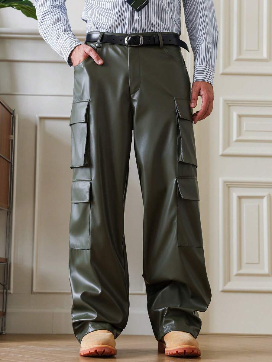 HUEFORM Men's Casual Fashion Street PU Leather Flap Pocket  Relaxed Fit Wide Leg Pants Men Pants Dress Olive Green Pants Men For Winter - Dark Green - View 1