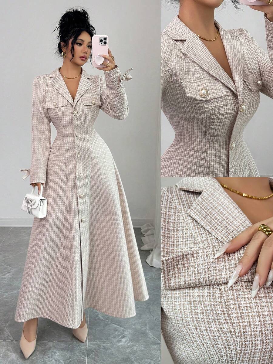 Elenzga New Women's Blazer Collar Long Sleeve Bow Decor Faux Pocket Open Front A-Line Maxi Dress, Versatile For Vacation, Commute, Daily Wear, Autumn/Winter, Youthful & Elegant - Multicolor - View 1