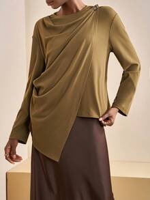 Zivah Áo cánh thời trang nữ tay dài viền bất đối xứng họa tiết kim loại màu trơn - xanh quân đội - Xem 4