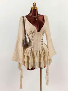 Amplova Váy ngắn phong cách du mục miền Tây dành cho nữ, gợi cảm và tiên phong, phù hợp cho mùa thu/đông, viền nhún bèo, vải voan nhẹ, cổ yếm, hở lưng - Nhiều màu - Xem 4