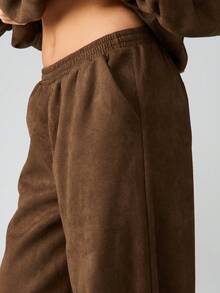 MISSGUIDED Pantalones jogger de tiro alto y pierna ancha de gamuza para mujer, para otoño e invierno - Marrón - Ver 5