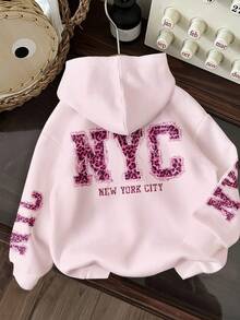 SHEIN EZwear Casual Minimalist NYC & Leopard Print Pattern Pink Sweatshirt, Suitable For Autumn/Winter