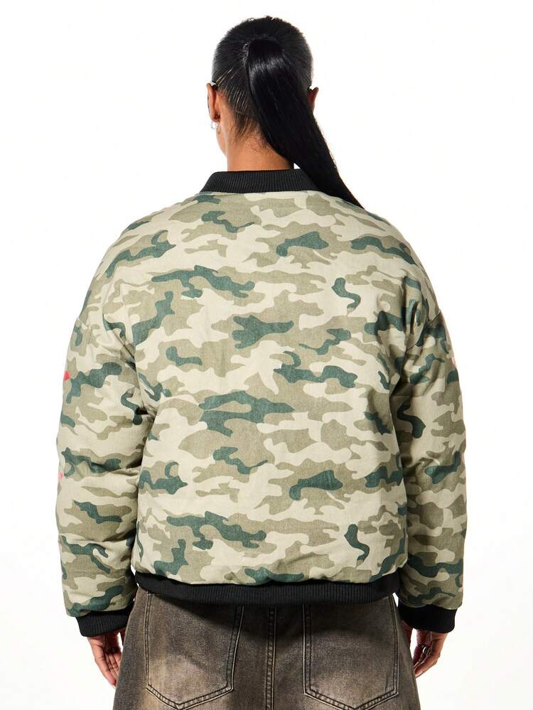 SUMWON WOMEN Camo Bomber Jacket With License Plate Print