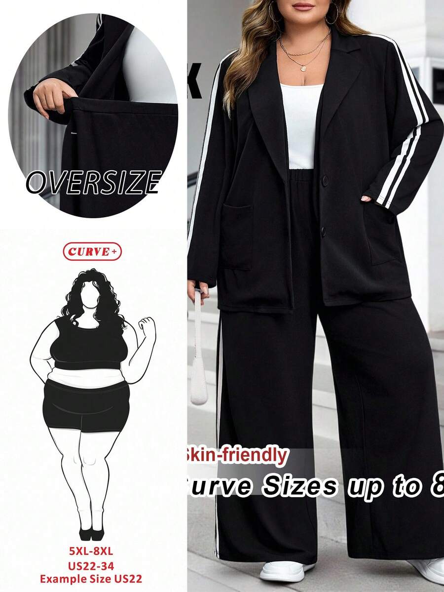 SHEIN CURVE+ 2 件套加大码套装 - 撞色丝带装饰西装外套和松紧腰口袋裤感恩节服装女装新年女装冬装女装狂欢服装新年女装冬季外套女装冬装女装运动服女装冬季套装度假两件套新年