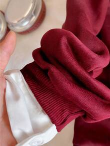 Tween Girls' White Collar Contrast Black 2 In 1 Sweatshirt, Fashion Versatile With Printed Chest Design, Ribbed Hem And Cuffs, Suitable For Autumn/Winter Outings, Travel, Shopping, Can Be Paired With Sweatpants, Jeans, Jackets - Burgundy - View 4